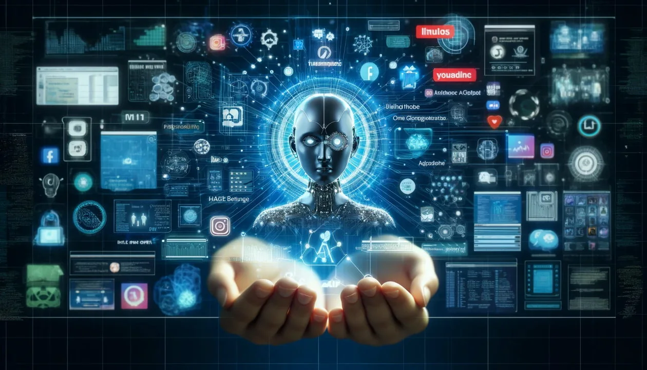 Des mains ouvertes d'où émerge une silhouette d'intelligence artificielle lumineuse, entourée d'écrans et d'interfaces web