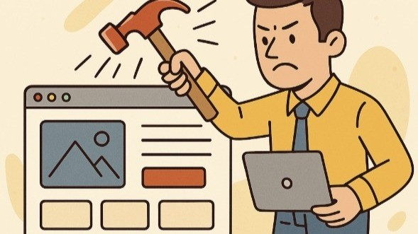 Illustration : un marteau s'abat sur une maquette de page web tandis qu'un homme contrarié referme son ordinateur