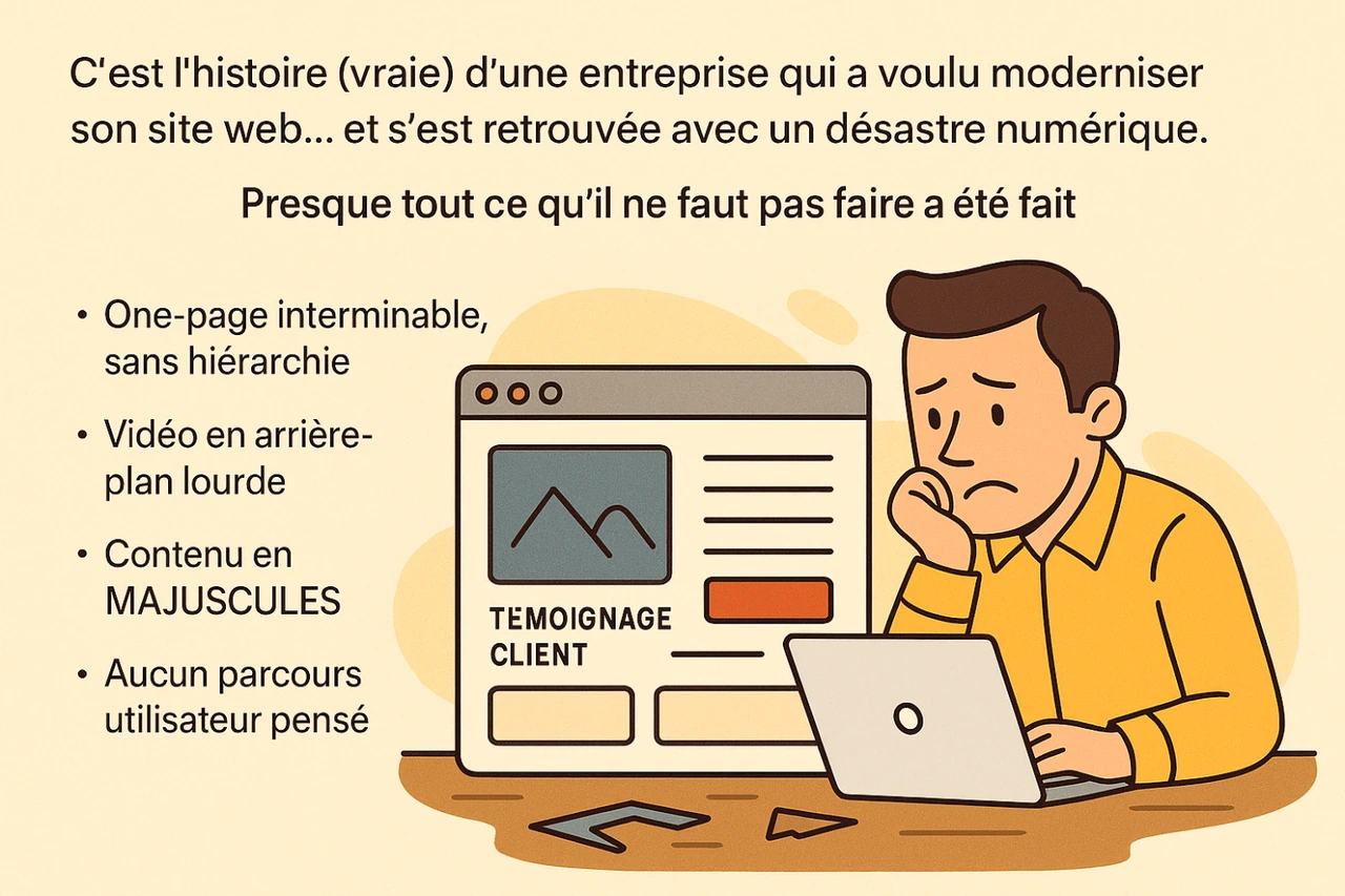 Récapitulatif illustré : « C’est l’histoire (vraie) d’une entreprise qui a voulu moderniser son site web… et s’est retrouvée avec un désastre numérique » — one-page interminable, vidéo en arrière-plan lourde, contenu en majuscules, aucun parcours utilisateur pensé