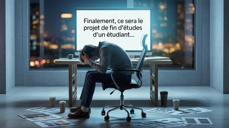 Illustration : dans un bureau sombre, une personne effondrée sur son bureau ; à l’écran, « Finalement, ce sera le projet de fin d’études d’un étudiant… »
