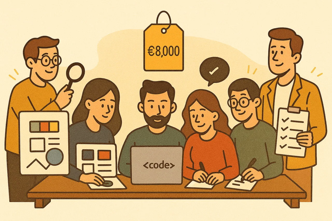 Illustration : une équipe de spécialistes réunie autour d’une table de travail, une étiquette de prix « 8 000 € » au-dessus