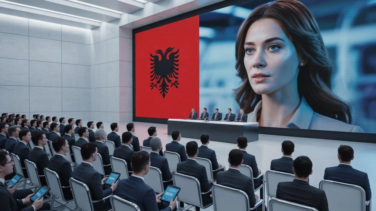 Illustration : une assemblée devant un écran où apparaît le visage d’une intelligence artificielle, drapeau albanais en arrière-plan