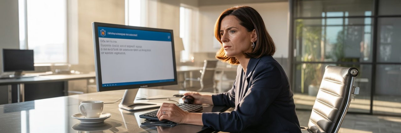 Illustration : une dirigeante relit un message officiel sur son ordinateur, dans un bureau vitré