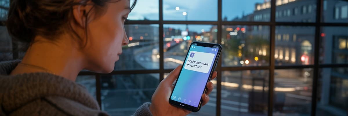 Illustration : au crépuscule, une femme regarde une notification s’afficher sur son téléphone