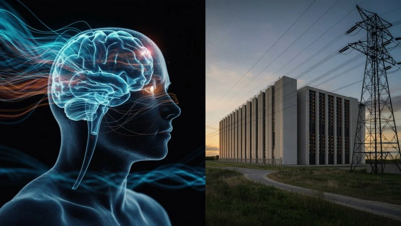Illustration : un profil humain lumineux en réseau neuronal, adossé à un bâtiment de centre de données et à des lignes haute tension