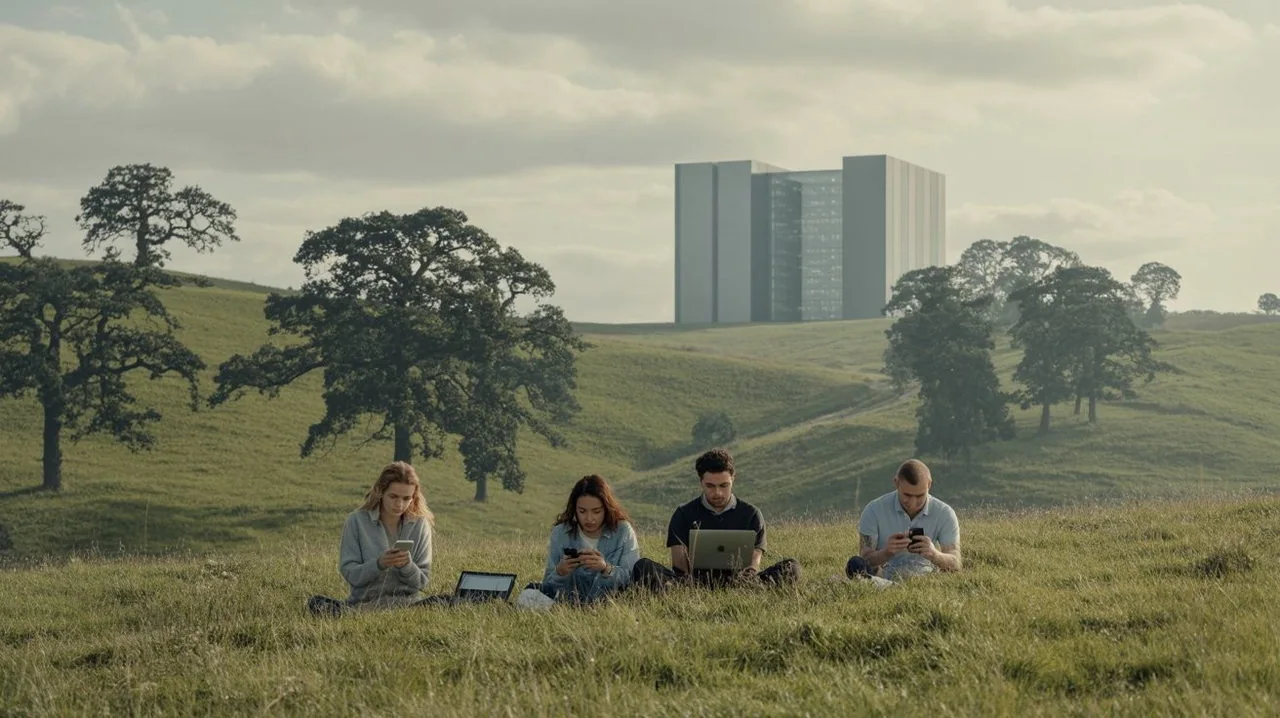 Illustration : un groupe assis dans une prairie, des bâtiments de centres de données à l’horizon