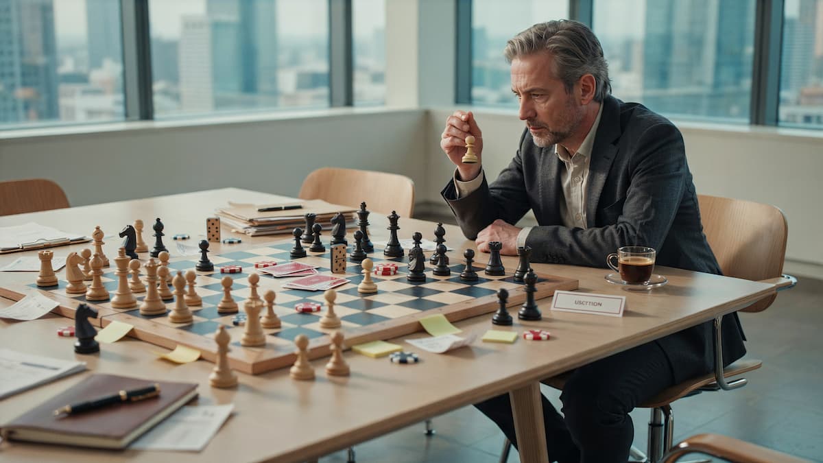 Un grand maître d'échecs fait face à un plateau encombré de pièces et d'informations provenant de jeux différents.