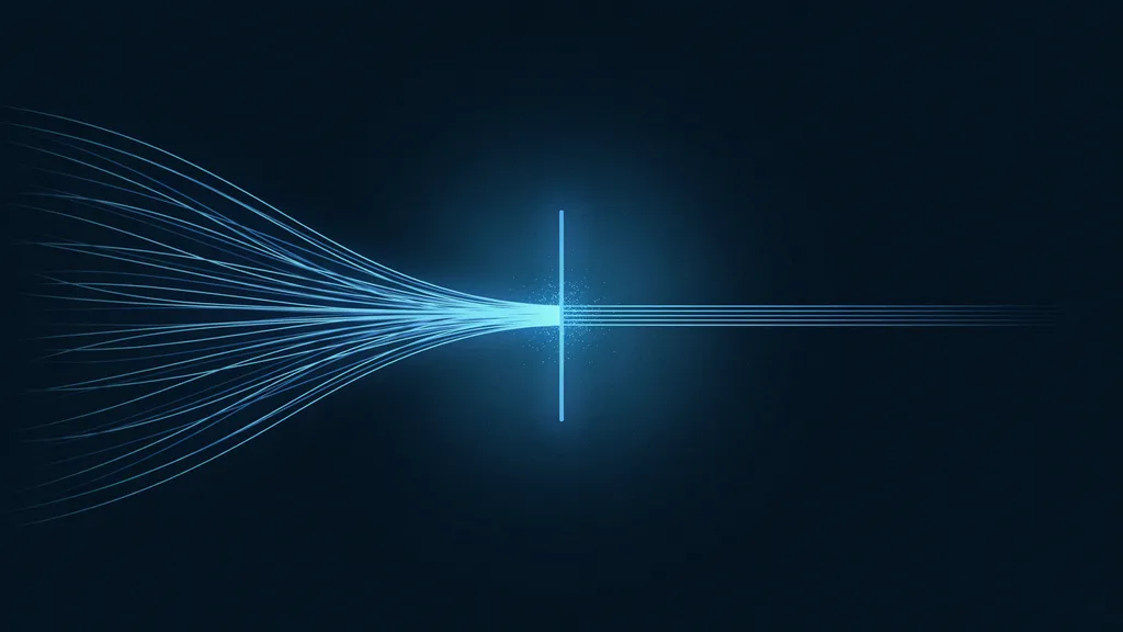 Illustration abstraite : de nombreuses lignes bleues convergent vers un point de contrôle lumineux, puis repartent en quelques lignes parallèles ordonnées.