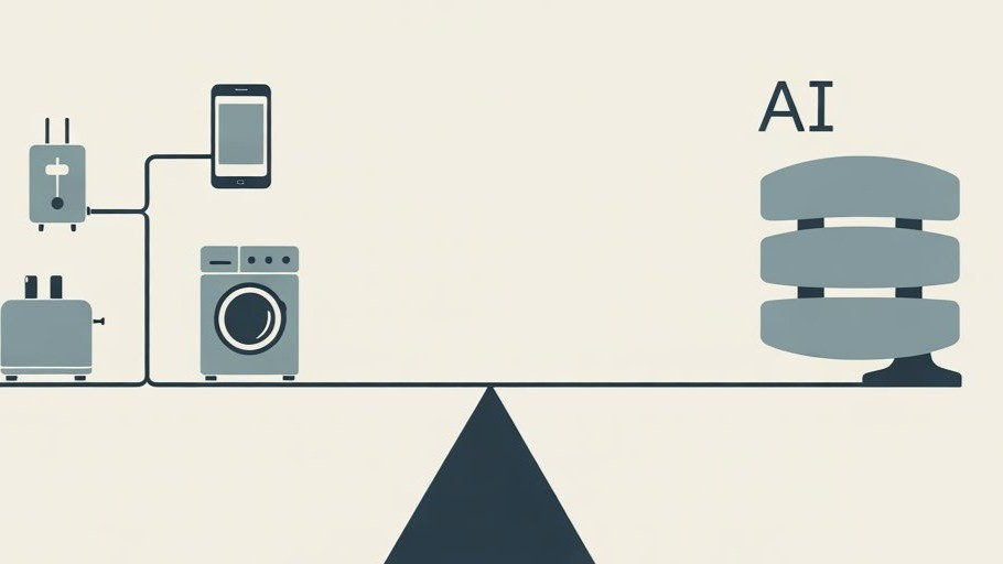 Illustration : une balance met en regard des appareils électroménagers et un serveur marqué « AI »