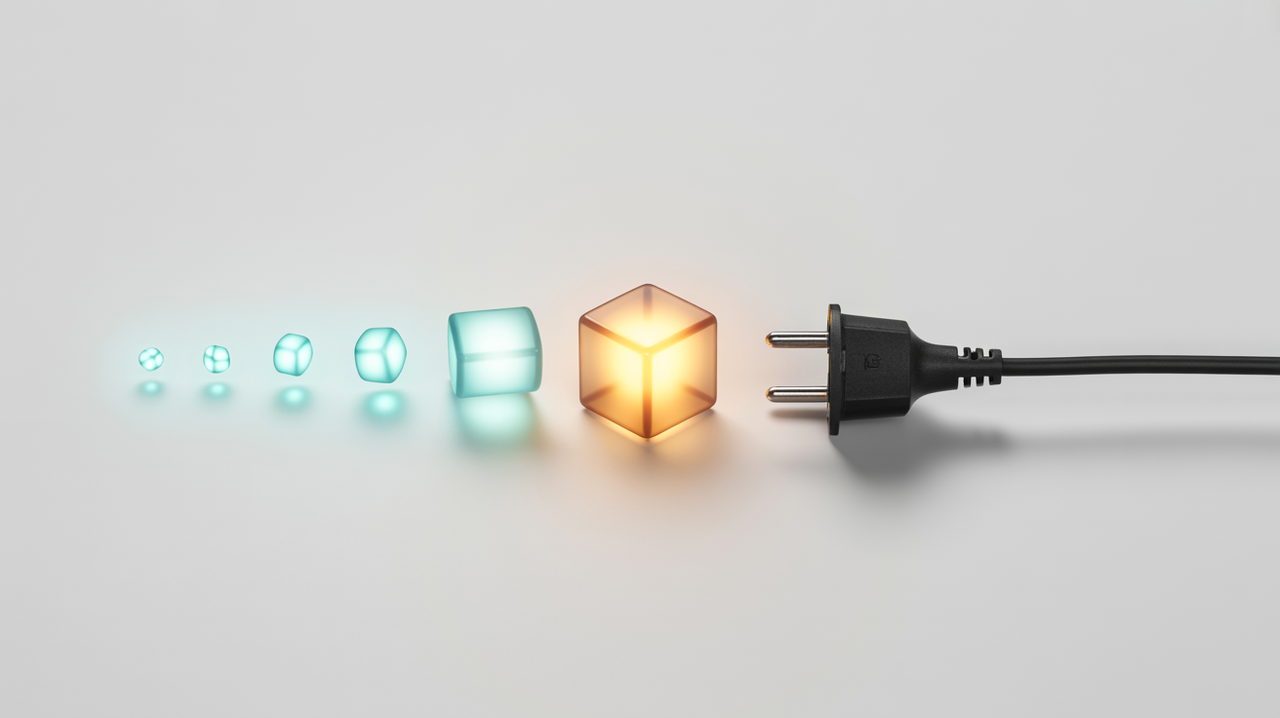 Illustration : une file de cubes lumineux reliés à une prise électrique, symbolisant la consommation d’une requête