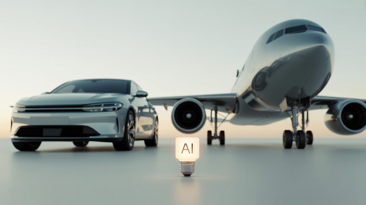 Illustration : une voiture et un avion à côté d’une minuscule ampoule marquée « AI »