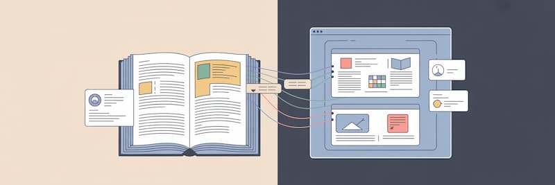 contenu web bien structuré, sections clairement délimitées, paragraphes aérés, titres hiérarchisés, icônes de lisibilité, sur fond évoquant à la fois un écran et un livre