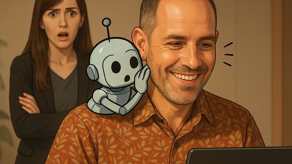 Illustration de couverture créée par IA à partir des photos de Johan Theron et de son épouse : une femme contrariée, un homme amusé et un petit robot entre eux
