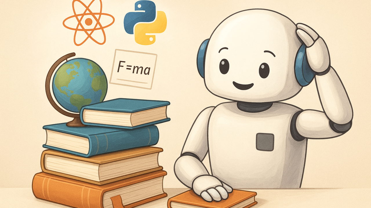 Illustration : un petit robot assis sur une pile de livres, entouré d’un globe, d’une formule de physique et d’un logo Python