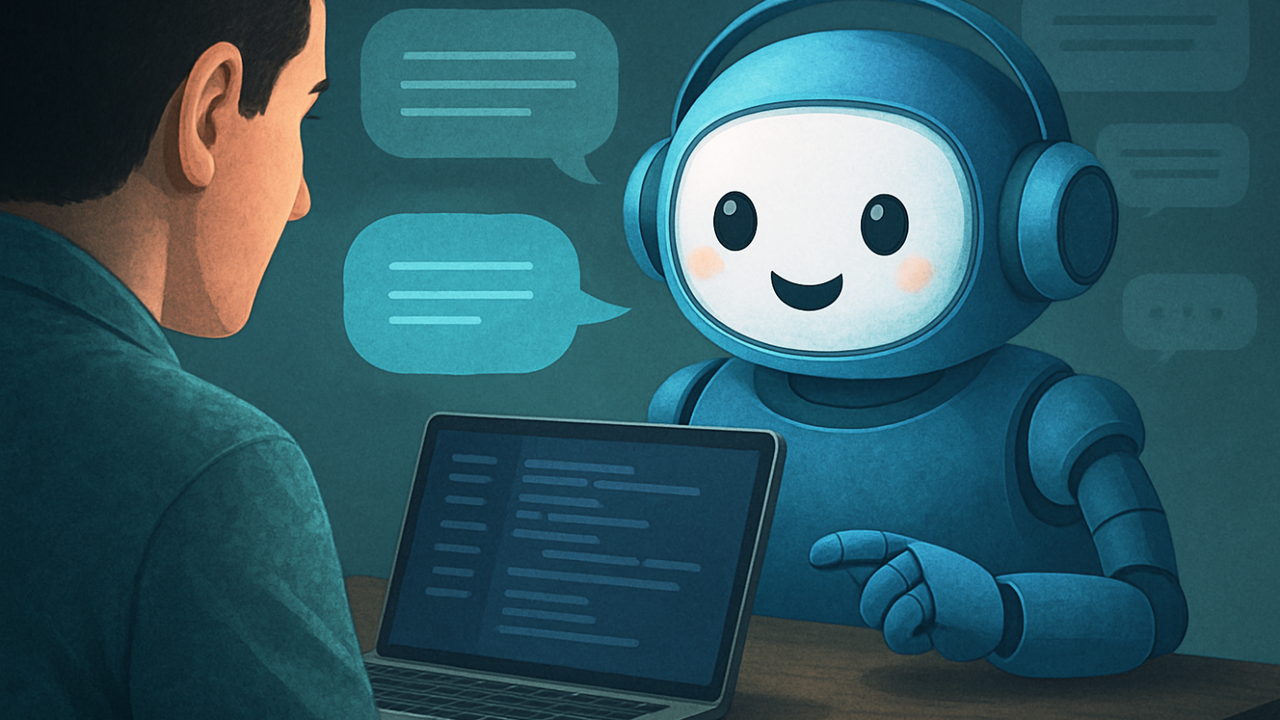 Illustration : un homme dialogue avec un assistant conversationnel sur son ordinateur portable, bulles de discussion à l’écran