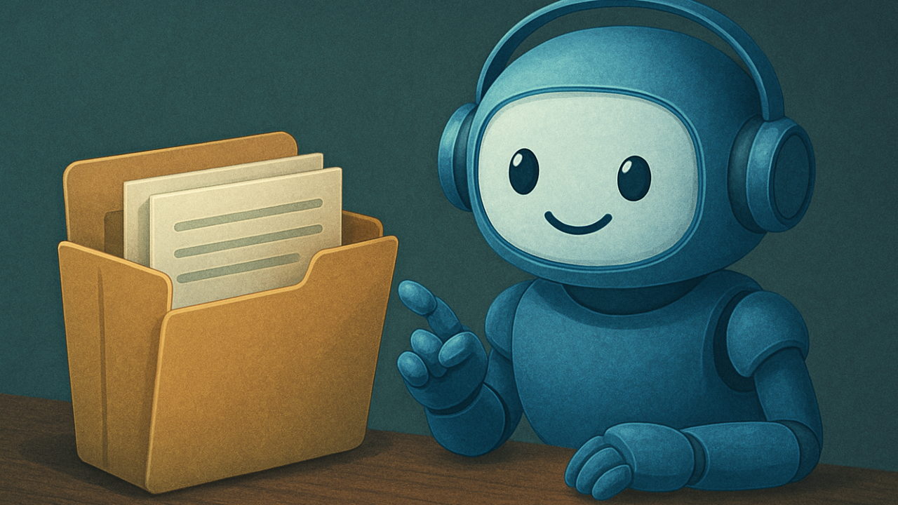 Illustration : le petit robot classe des documents dans un porte-dossiers ouvert