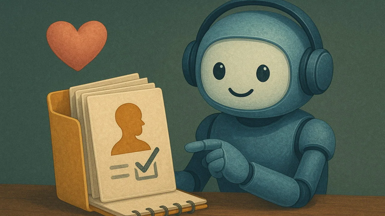 Illustration : le petit robot tient une fiche de profil cochée, un cœur au-dessus de lui