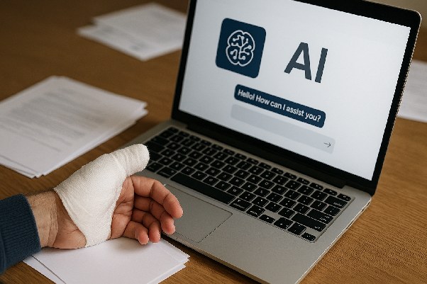Une main bandée posée près d’un ordinateur portable affichant une interface d’assistant IA, au milieu de papiers