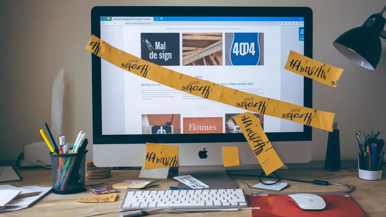Illustration : un écran d’ordinateur dont la page web est barrée d’un ruban de chantier, entouré d’erreurs 404