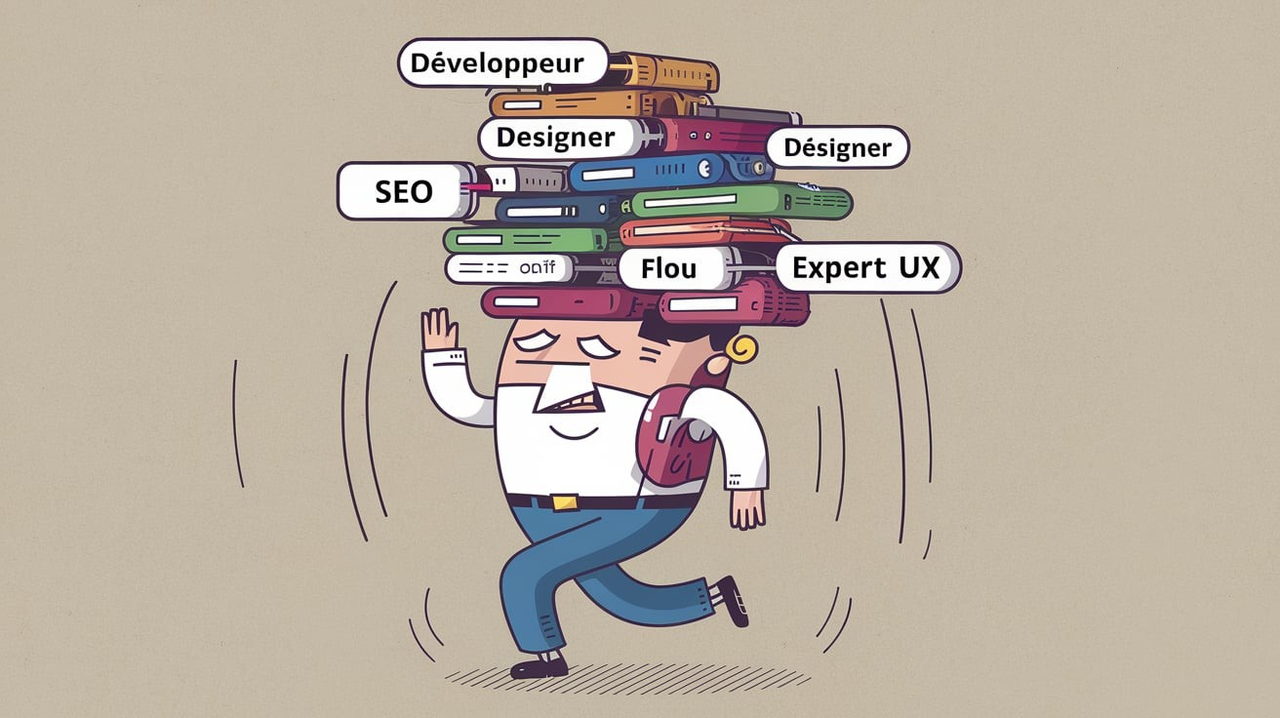 Illustration : un personnage seul croule sous les casquettes « Développeur », « Designer », « SEO », « Expert UX »