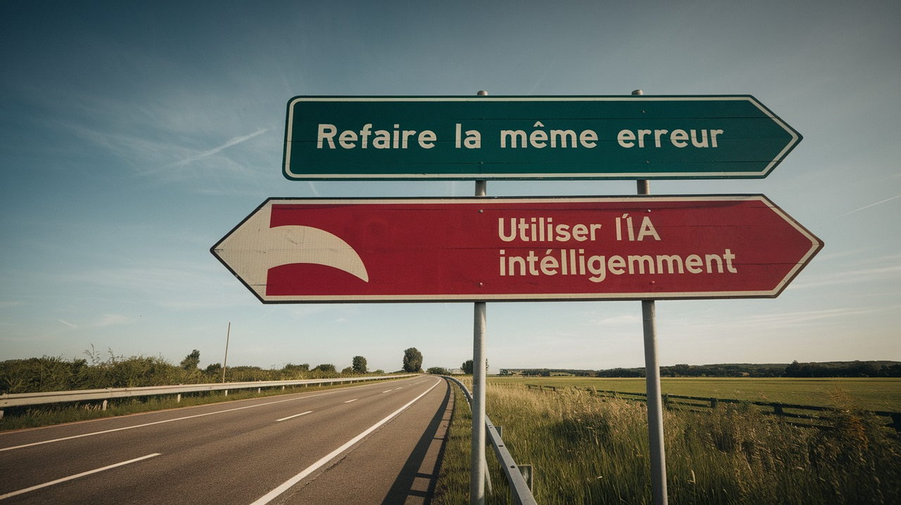 Illustration : deux panneaux routiers opposés, « Refaire la même erreur » et « Utiliser l’IA intelligemment »